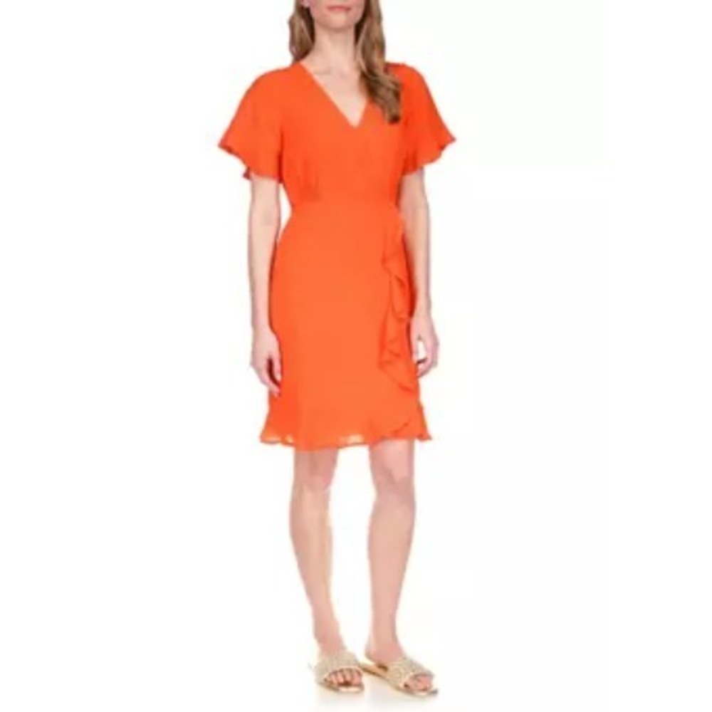 Michael Kors Wrap Dress Ruffle Orange Sparkle‎ V-Neck Flared Sleeve S NWT $165
